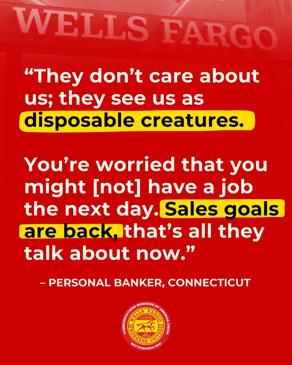 ForBetterBanks's tweet image. “They see us as disposable creatures.” We collected these testimonies from Wells Fargo workers across the country in our Sales Pressure Survey. Are you being pressured by your manager to make more and more sales?
Take our survey:
▶️ cwa.org/WFSalesPressur…