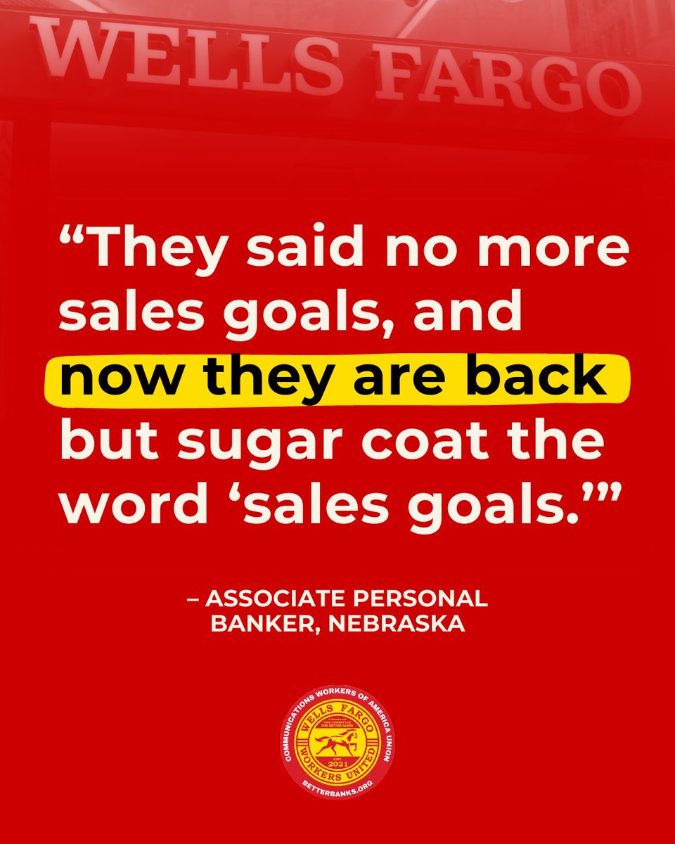 ForBetterBanks's tweet image. “They see us as disposable creatures.” We collected these testimonies from Wells Fargo workers across the country in our Sales Pressure Survey. Are you being pressured by your manager to make more and more sales?
Take our survey:
▶️ cwa.org/WFSalesPressur…
