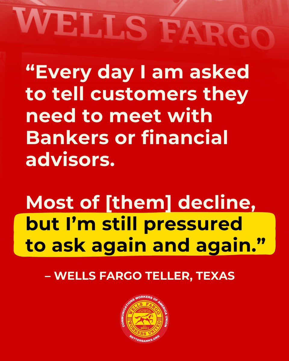 ForBetterBanks's tweet image. “They see us as disposable creatures.” We collected these testimonies from Wells Fargo workers across the country in our Sales Pressure Survey. Are you being pressured by your manager to make more and more sales?
Take our survey:
▶️ cwa.org/WFSalesPressur…