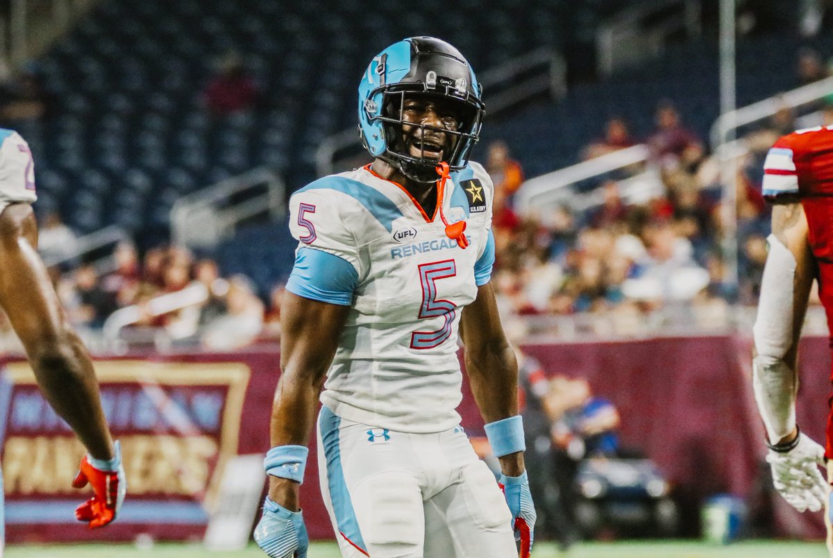 JamesLarsenPFN's tweet photo. The #UFL has announced Week Five Players of the Week:

Offense: @USFLShowboats QB Dresser Winn
Defense: @XFLRenegades DB Ajene Harris
Special Teams: @USFLShowboats WR Isiah Hennie

Dresser Winn burst onto the scene this week, taking down Birmingham in his first pro start. Hennie was just as crucial in the win, with his 108 yard kick six before the half. 

Ajene Harris continues his dominant season in Arlington, with two interceptions on the day.
