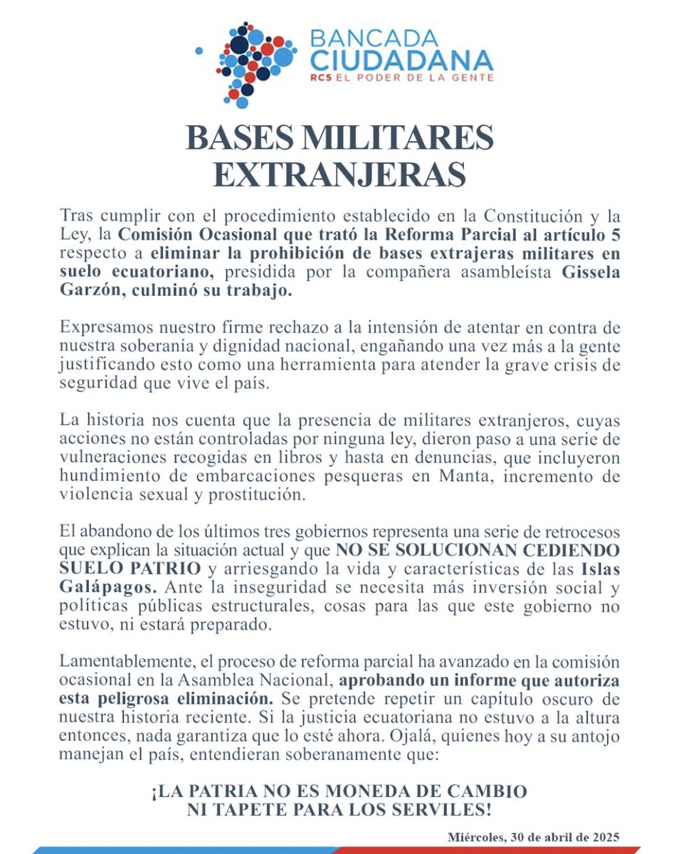 🚨ALERTA | 
BASES MILITARES EXTRANJERAS

La experiencia internacional y la nuestra, demuestran que la presencia de bases militares extranjeras no erradica el crimen, lo encubre, lo transforma, lo protege.

Ojalá algún día, soberanamente entendamos que:
¡LA PATRIA NO ES MONEDA DE