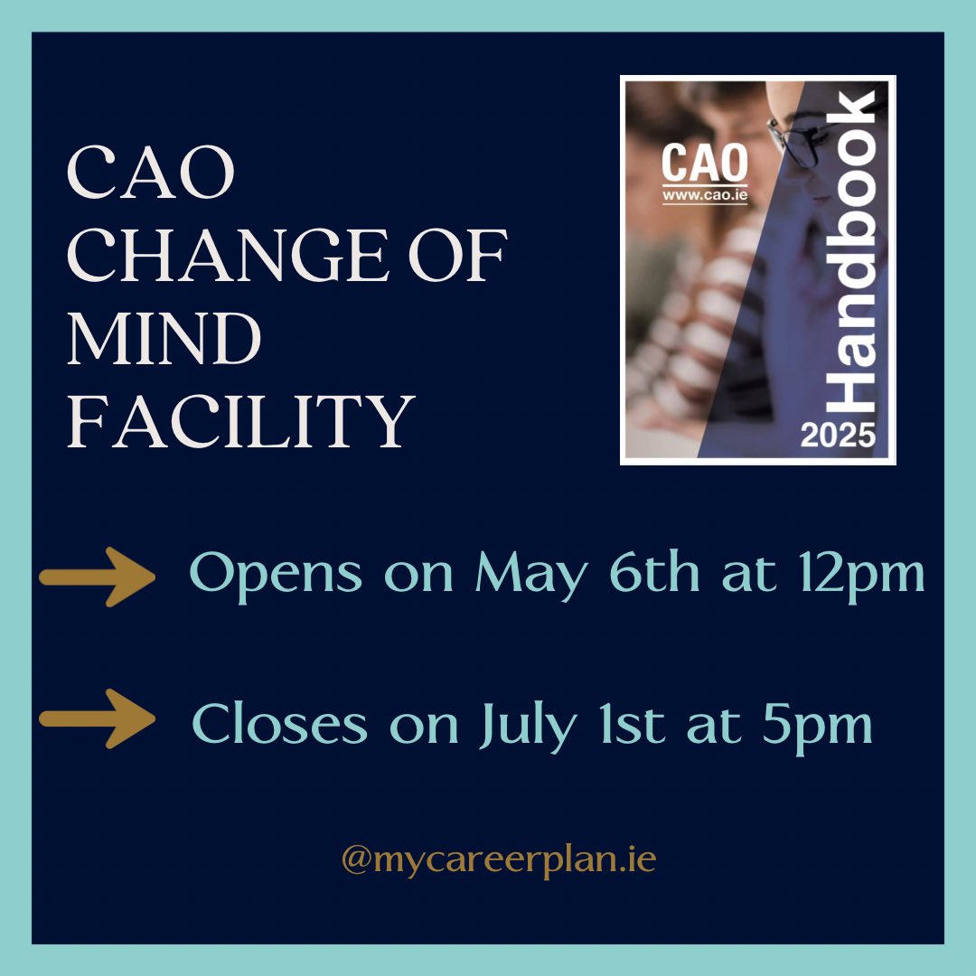 The #CAO #Changeofmind facility opens on May the 6th at 12 noon. You can add, remove, or reorder course choices up to the 1st of July at 5pm, which is the final deadline. Some restrictions apply but there is no charge.

#CAO2025 #leavingcert2025 #LeavingCert