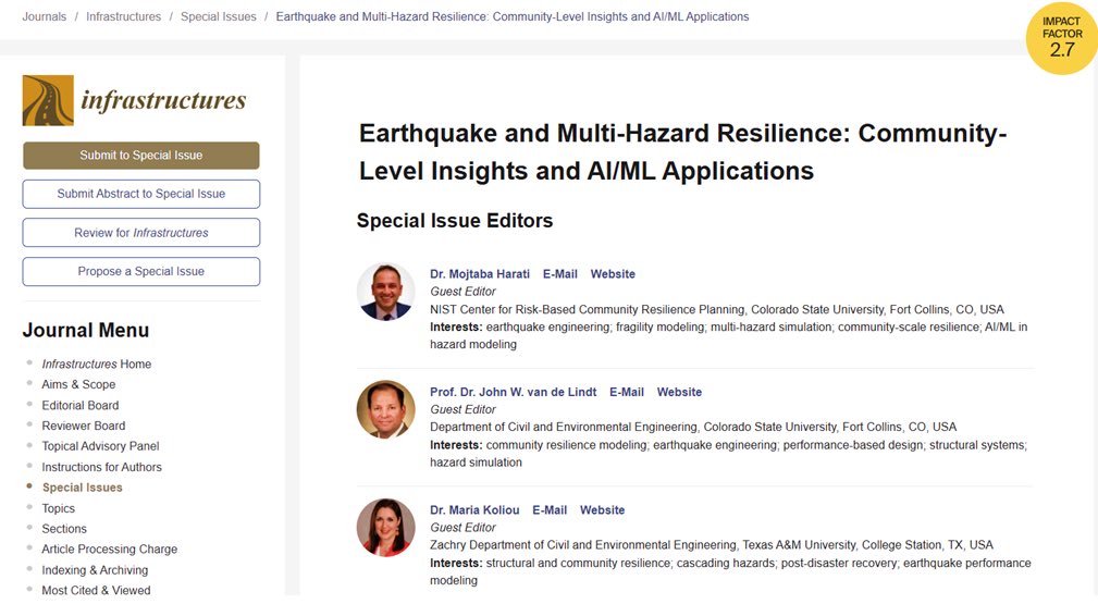 mojtabaharati's tweet photo. Call for Papers – MDPI Infrastructures Special Issue
“Earthquake &amp; Multi-Hazard Resilience: Community-Level Insights &amp; AI/ML Apps”
Deadline: Jan 31, 2026
Submit: https://t.co/w9FlhKG1Yz
#EarthquakeEngineering #MultiHazard #AIinEngineering #CommunityResilience #FragilityModeling https://t.co/bGhR2GJtl0