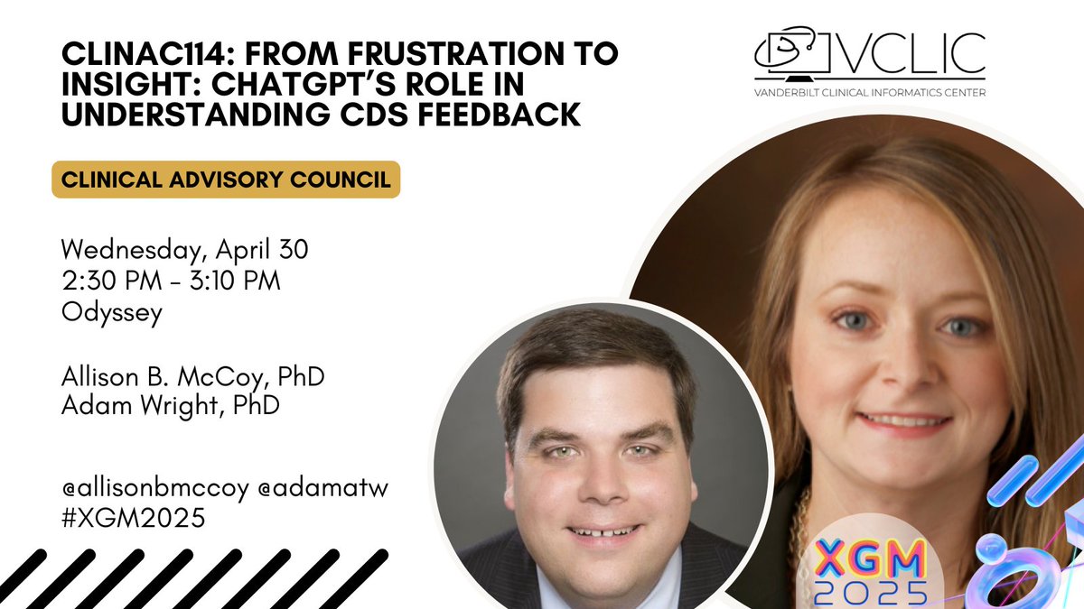Join us at 2:30 today at #XGM2025 in Odyssey for ClinAC114! We’re sharing how #ChatGPT helps make sense of override comments to improve #CDS effectiveness.