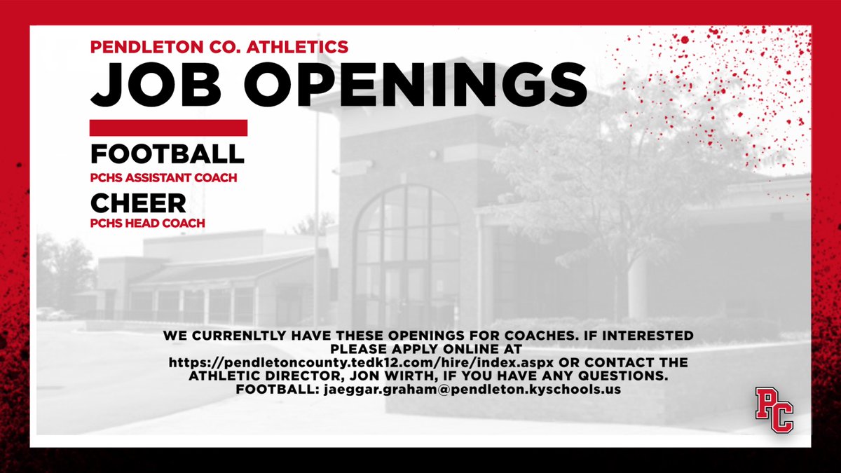 We are still looking for a PCHS assistant football coach and we are now in need of a head coach for PCHS cheer.