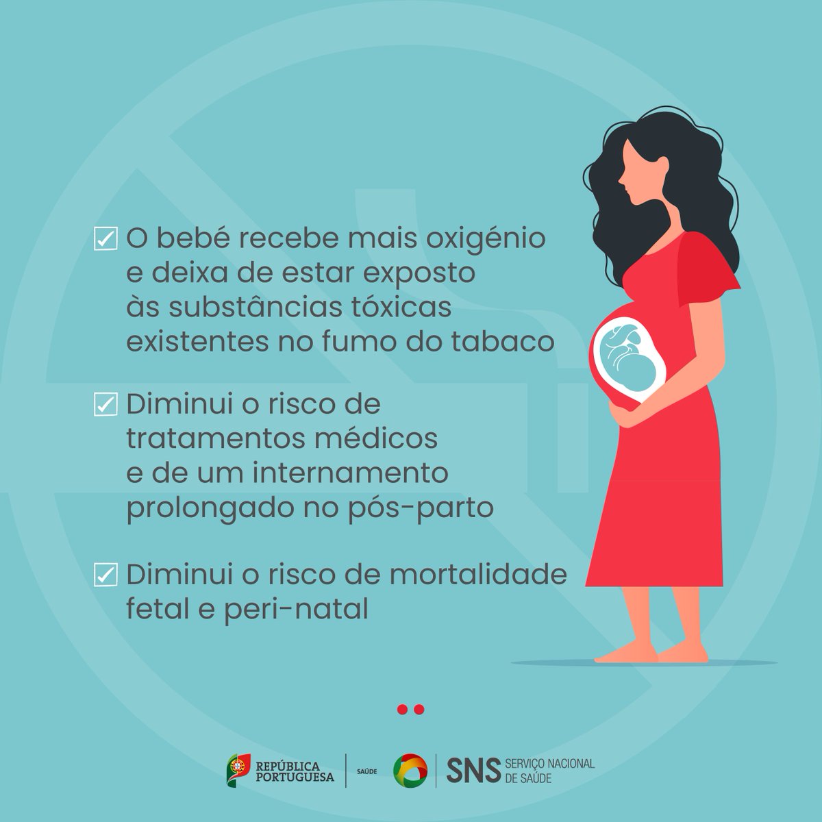 SNS_Portugal's tweet photo. Se está grávida, parar de fumar tem benefícios para si e para o bebé. Lembre-se: não fumar é a melhor decisão para proteger a sua saúde e a de quem a rodeia. 🚬❌#Saúde #SNS #NãoFumador #Tabaco #SemTabaco
©👉 @DGSaude https://t.co/aHgDVa26IA