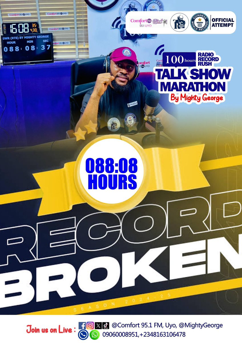 RECORD BROKEN!

I have successfully smashed the Guinness World Record for the longest radio talk show, surpassing the previous record of 88hours, After an incredible 88 hours, 8 seconds, and counting, 

Congratulations as you proceed to Set a new Record of 100Hrs. <a href="/_MightyGeorge/">Mighty George ™️</a>