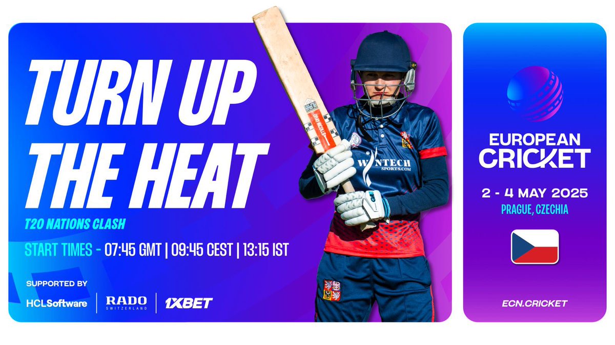 CzechCricket's tweet photo. Czechia (W) take on Cyprus (W) in a 5-match T20I series at Vinor Cricket Ground, Prague, May 2–4, under the @EuropeanCricket banner. 

Match Times (CEST):
Fri, May 2 – 09:45 &amp; 14:15
Sat, May 3 – 09:45 &amp; 14:15
Sun, May 4 – 10:00

Catch it live at the ground or on at ECN’s YouTube. https://t.co/8q5QW6kCDG