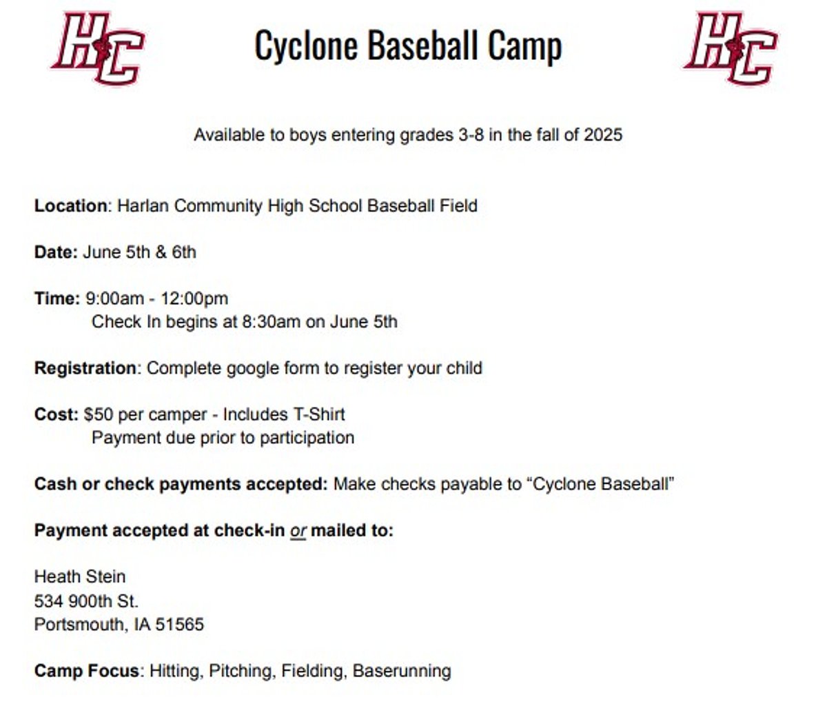 HCSDActivities's tweet photo. Sign up today for Baseball camp this summer! Available for boys entering grades 3rd-8th. Register online using the QR code or the following link: https://t.co/r39Jmd3bp2 https://t.co/mjg6lr4Rcd