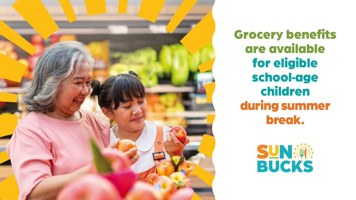 Utah SUN Bucks is a grocery benefits program that helps families buy food during the summer when schools are closed. Families can get $120 for each eligible school-age child. Learn more at jobs.utah.gov/sunbucks.