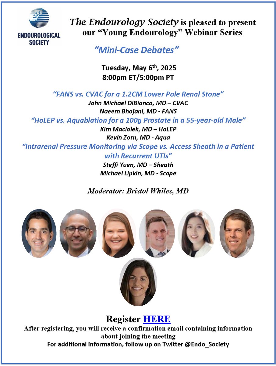 Endourological Society (@endo_society) on Twitter photo TONIGHT!
Join <a href="/young_endosoc/">Young Endo Society</a> for Mini-Case Debates
Tuesday, May 6
8:00 pm ET / 5:00 pm PT
Featuring <a href="/DrJohnMDiBi/">John Michael DiBianco</a> <a href="/naeembhojani7/">Naeembhojani7</a> <a href="/Dr_KevinZorn/">Dr_KevinZorn</a> <a href="/steffiyuen/">Steffi Yuen</a> <a href="/BristolWhiles/">Bristol Brandt Whiles</a>
Register now: blbmeetings.zoom.us/webinar/regist… TONIGHT!
Join <a href="/young_endosoc/">Young Endo Society</a> for Mini-Case Debates
Tuesday, May 6
8:00 pm ET / 5:00 pm PT
Featuring <a href="/DrJohnMDiBi/">John Michael DiBianco</a> <a href="/naeembhojani7/">Naeembhojani7</a> <a href="/Dr_KevinZorn/">Dr_KevinZorn</a> <a href="/steffiyuen/">Steffi Yuen</a> <a href="/BristolWhiles/">Bristol Brandt Whiles</a>
Register now: blbmeetings.zoom.us/webinar/regist…