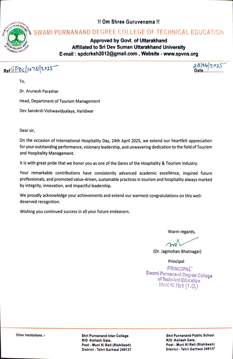 Honored to be recognized as a Gem of Hospitality &amp; Tourism Industry by @SwamiPurnanand College! Heartfelt thanks to Dr. Jagmohan Bhatnagar for this prestigious recognition. Proud to contribute to the industry's growth #HospitalityExcellence #TourismIndustry #AcademicExcellence