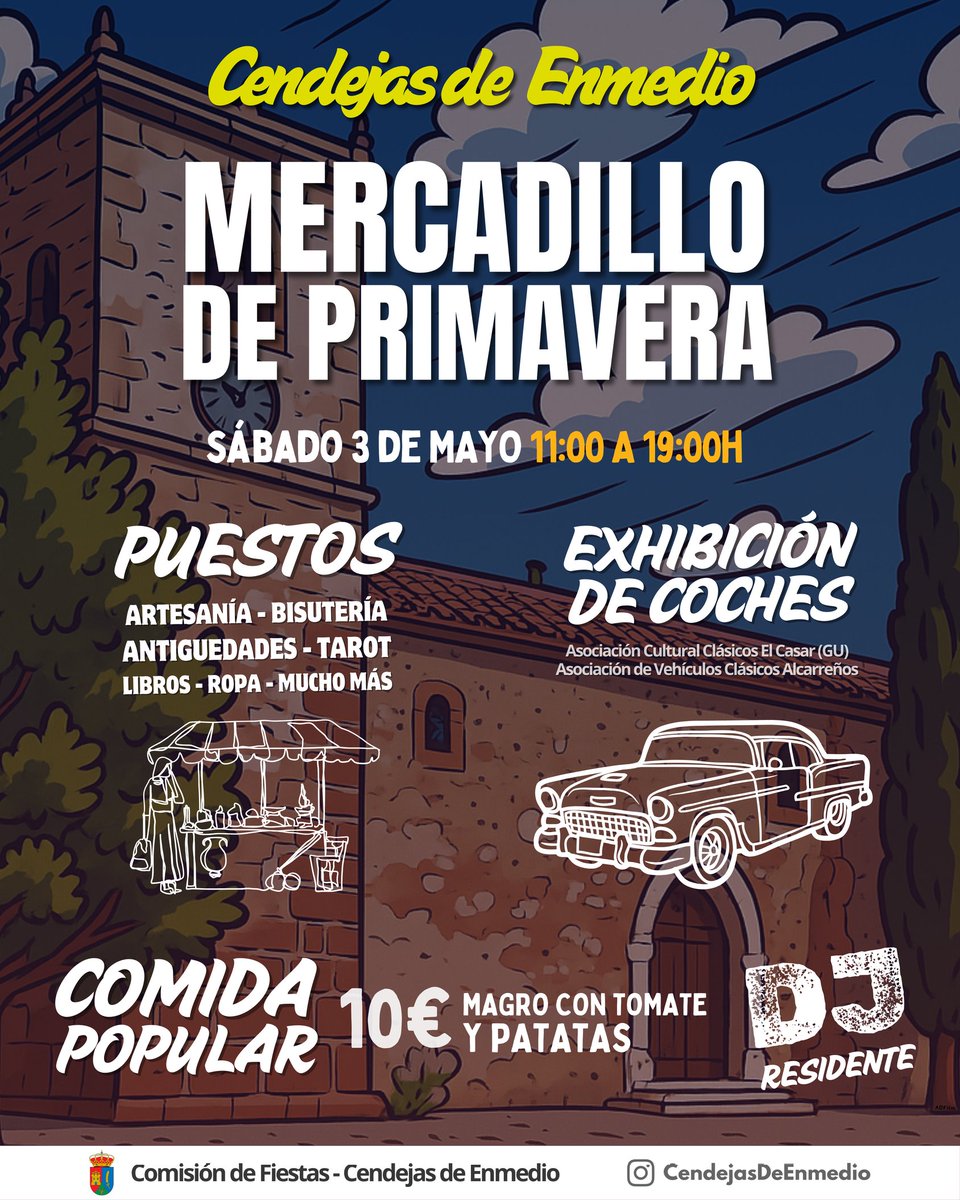 ADFilm_es's tweet photo. 🌲 Mercadillo de primavera en Cendejas de Enmedio 🌷
📅 Sábado 3 de mayo ⏰️ 11.00h

Disfruta de un gran día y recorre los distintos puestos que se desplegarán en la plaza junto a una gran exhibición de coches. Además, gran comida popular de Magro con tomate y patatas por 10€. https://t.co/B5KXwaa7IC