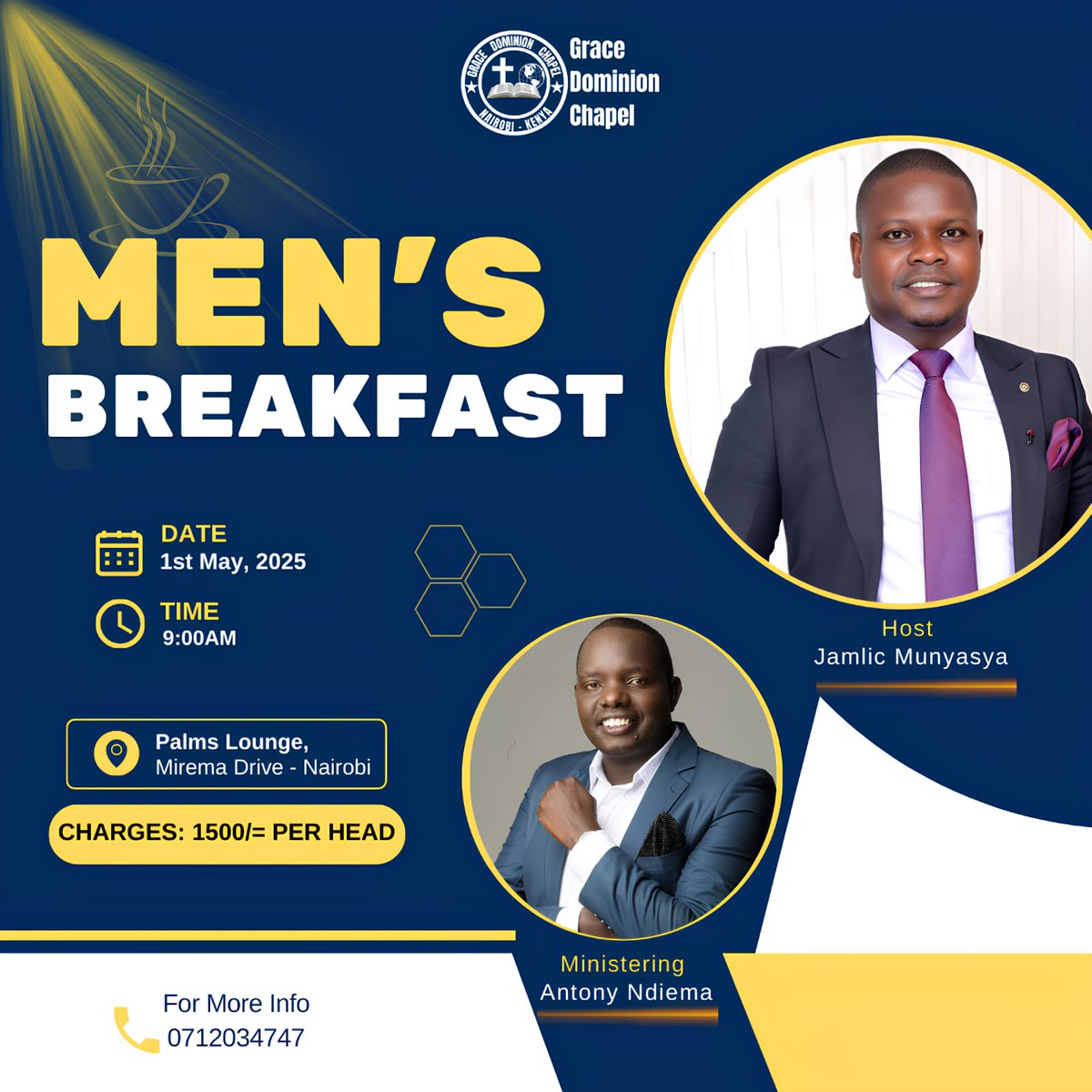 MEN... 
We gather tomorrow.
Let's talk about ' The strange woman,' in Proverbs 5,6 &amp;7.
Let's talk about 'When Emotional Intelligence matters in marriage.' 
Let's talk about 'Leaving a Legacy.'
Karibuni Sana!