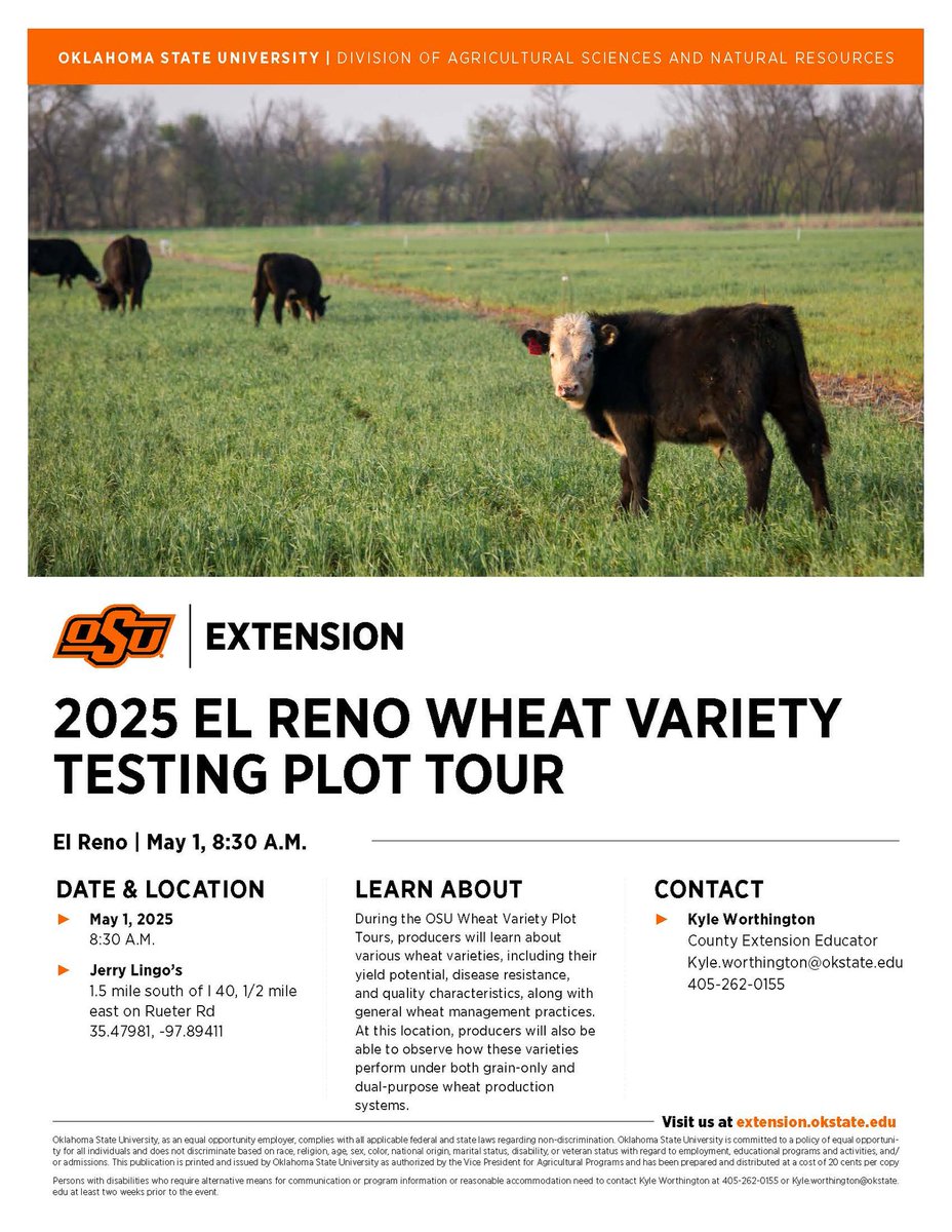 OSU_smallgrains's tweet image. 🚨Slight change of plans!
Due to wet conditions, the El Reno wheat plot tour will be held indoors tomorrow at 9:00 AM at the Canadian County Educational building, 220 N. Country Club Rd.
We hope to see you there!