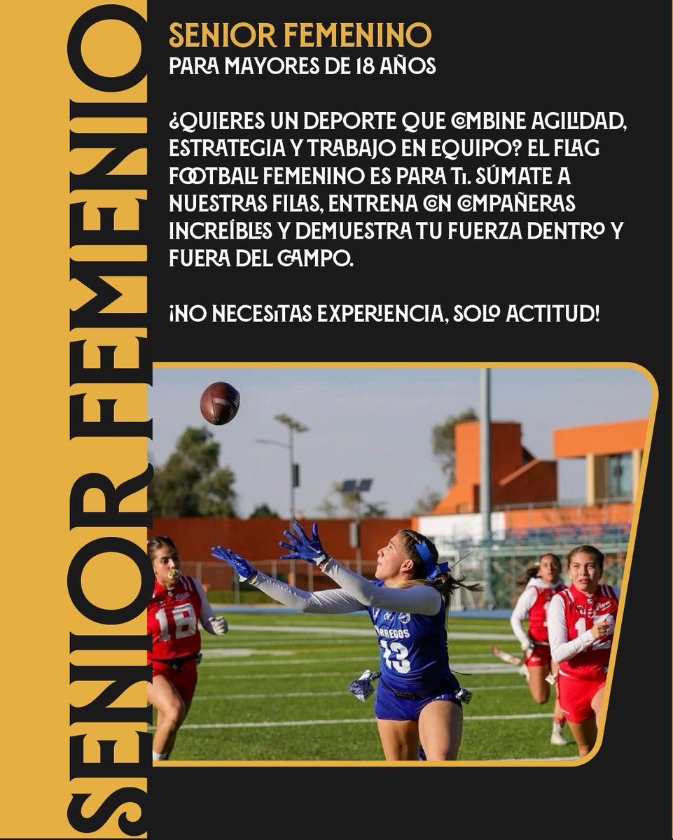 🟨 SENIOR FEMENINO (+18) 
Si buscas un deporte diferente, divertido y en equipo...
¡el flag football es para ti!
Entrenamos, competimos y crecemos juntas.
Solo necesitas ser mayor de 18 años y tener actitud.
📩 Mándanos un mensaje y únete al equipo.