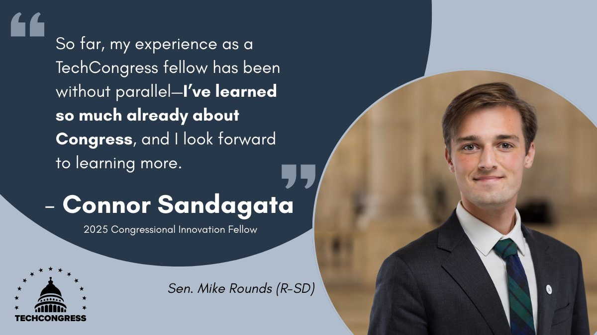 TechCongress (@congressfellows) on Twitter photo đź’ˇ Connor brings experience in data science and machine learning to the Office of <a href="/SenatorRounds/">Senator Mike Rounds</a>, where he supports a host of #AI and #science policy areas.
Explore how he helps drive thoughtful #policies that catalyze #innovation: techcongress.io/blog/2025-plac… 💡 Connor brings experience in data science and machine learning to the Office of <a href="/SenatorRounds/">Senator Mike Rounds</a>, where he supports a host of #AI and #science policy areas.
Explore how he helps drive thoughtful #policies that catalyze #innovation: techcongress.io/blog/2025-plac…