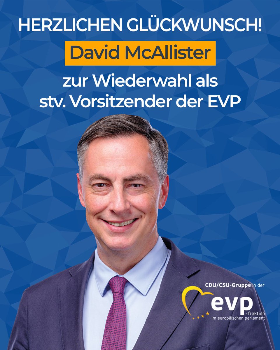 Herzlichen Glückwunsch, David McAllister, zur Wiederwahl als stv. Vorsitzender der <a href="/EPP/">EPP</a> ❗️
Mit seiner großen außenpolitischen Expertise, seinem diplomatischen Gespür und seiner Rolle als unsere Brücke ins VK🇬🇧wird er auch in Zukunft eine sehr wichtige Rolle in der EVP wahrnehmen.