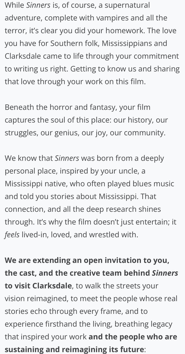 A few of my friends, peers, organizations, fellow artists and creatives penned a letter to the cast and crew of Sinners. We’re proposing a movie screening activation for the folks down in Clarksdale, Mississippi. Read the full letter here 🫶🏾 actionnetwork.org/petitions/open…
