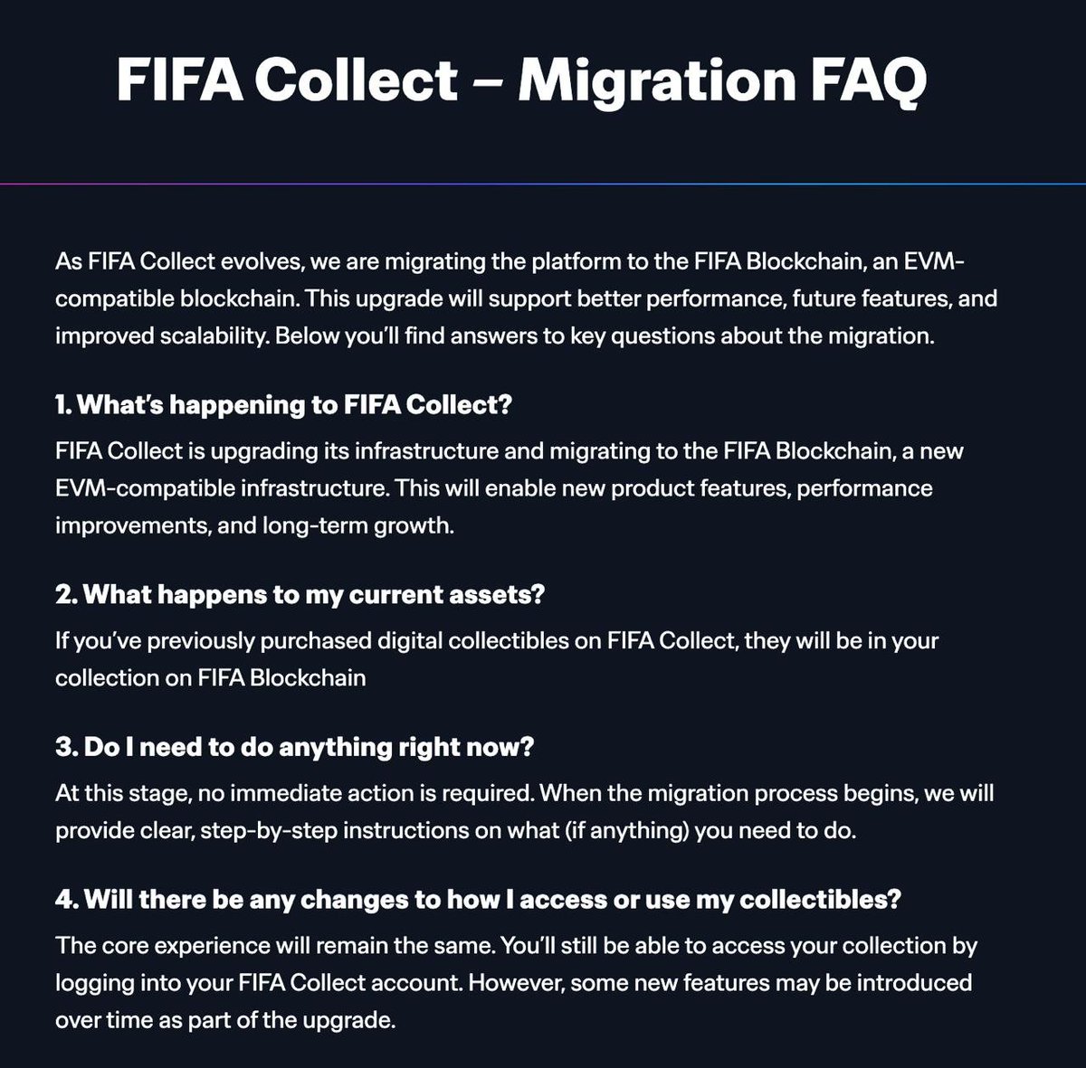 DOUBLETOP (@doubletop_io) on Twitter photo According to the FIFA Collect website, <a href="/FIFACollect/">FIFA Collect</a> will leave <a href="/Algorand/">Algorand Technologies</a> for a new FIFA Blockchain.
This will be an EVM-compatible blockchain, FIFA will migrate current collect platform to it. According to the FIFA Collect website, <a href="/FIFACollect/">FIFA Collect</a> will leave <a href="/Algorand/">Algorand Technologies</a> for a new FIFA Blockchain.
This will be an EVM-compatible blockchain, FIFA will migrate current collect platform to it.