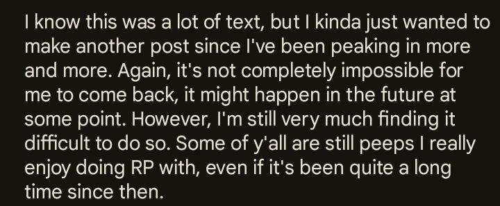 Don't let the length worry you, just getting my feelings on stuff out there.

tldr: I don't do small RPs that much anymore so Twitter isn't the best spot for me. I still wanna RP with some of the mutuals here and don't wanna completely leave, but Twitter isn't the best spot