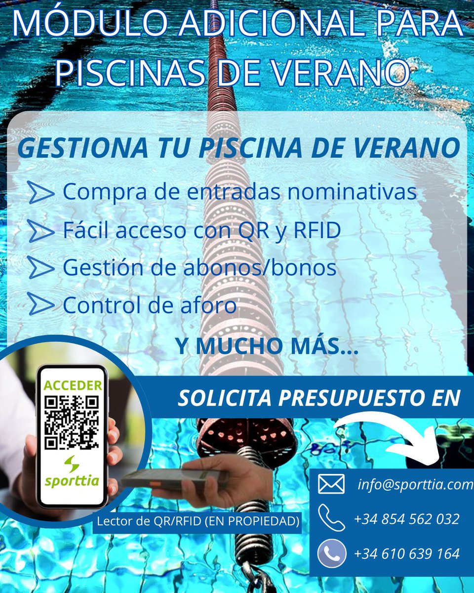🌞 ¡El verano está a la vuelta de la esquina y Sporttia tiene la solución perfecta para tu piscina! 🏊‍♂️

Con nuestro Módulo Adicional para Piscinas de Verano, podrás gestionar todo de manera fácil y eficiente. 🖥️💡