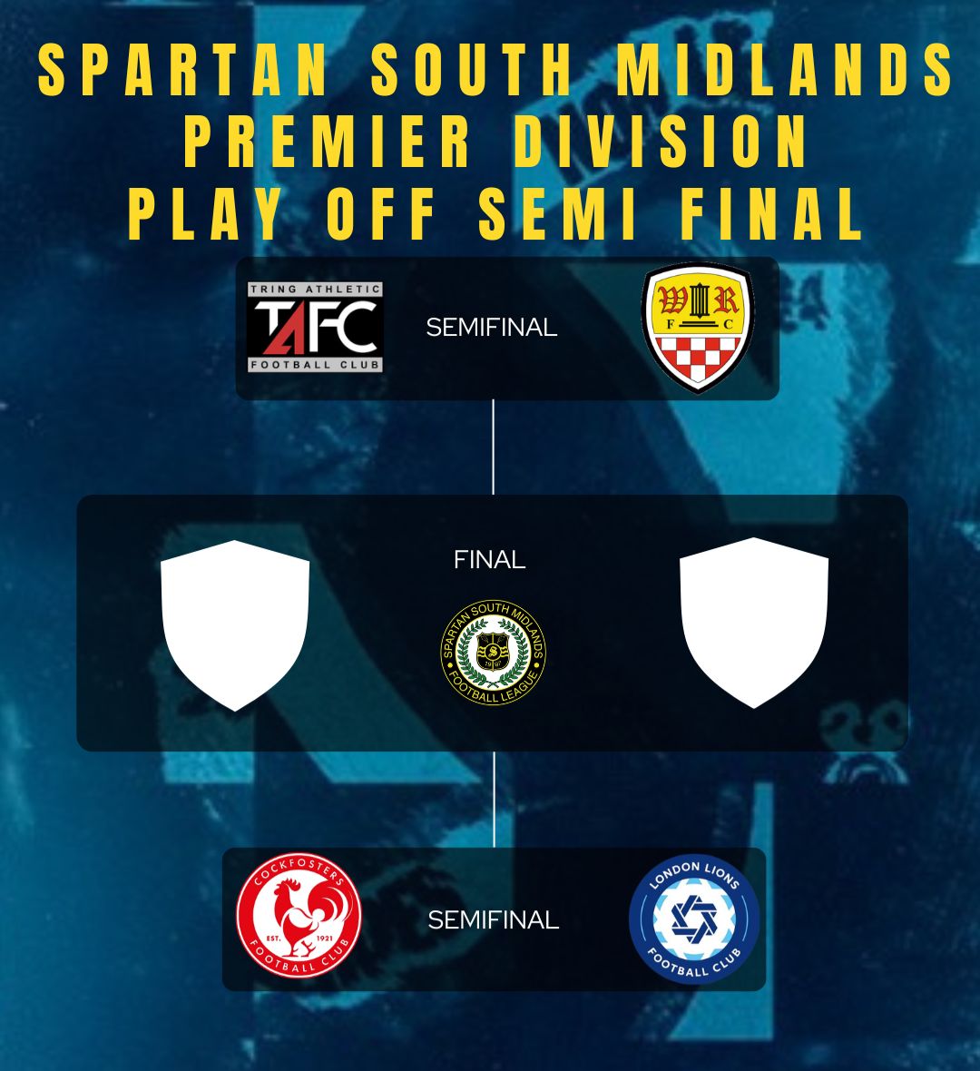 Play-Off Wednesday | <a href="/SpartanSMFL/">Spartan South Midlands</a> 

One of <a href="/tringathletic/">Tring Athletic FC</a>, <a href="/CockfostersFC/">Cockfosters FC</a>, <a href="/LondonLions_/">London Lions F.C.</a> or <a href="/WormleyRoversFC/">Wormley Rovers FC</a> are just two wins away from promotion to Step 4.  

It's semi-final Wednesday.

The Michael Anthony Stadium plays host to 2nd vs 5th as Tring Athletic look to make their