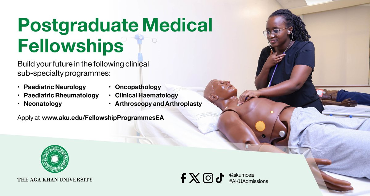Applications to our Postgraduate Medical Fellowships is open. Build your future in the following clinical sub-specialty programmes. Visit aku.edu/mcea/pgme/Page… to submit your application.

#AKUAdmissions