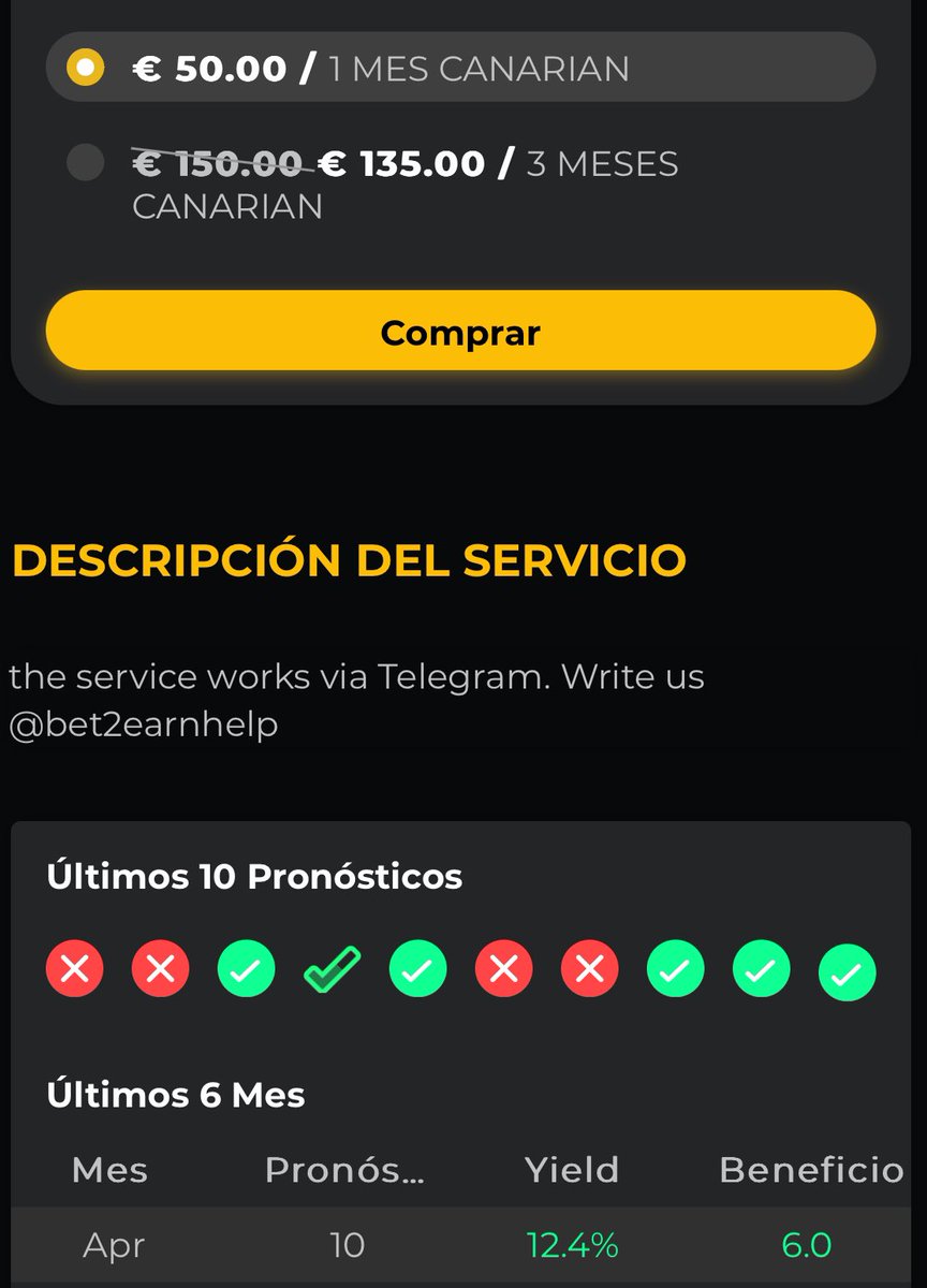 Finalizamos aqui otro mes +6 ✅

Vamos a por mayo el mejor mes de la temporada!!! ⚽️

EN CASO DE NO SUMAR 10 UDS EN MAYO TENDRAN DOS MESES GRATIS EXTRA!! 🤜🏼🤛🏼

Contrataciones 👉 bet2earn.com/es/tipsters/Ca…