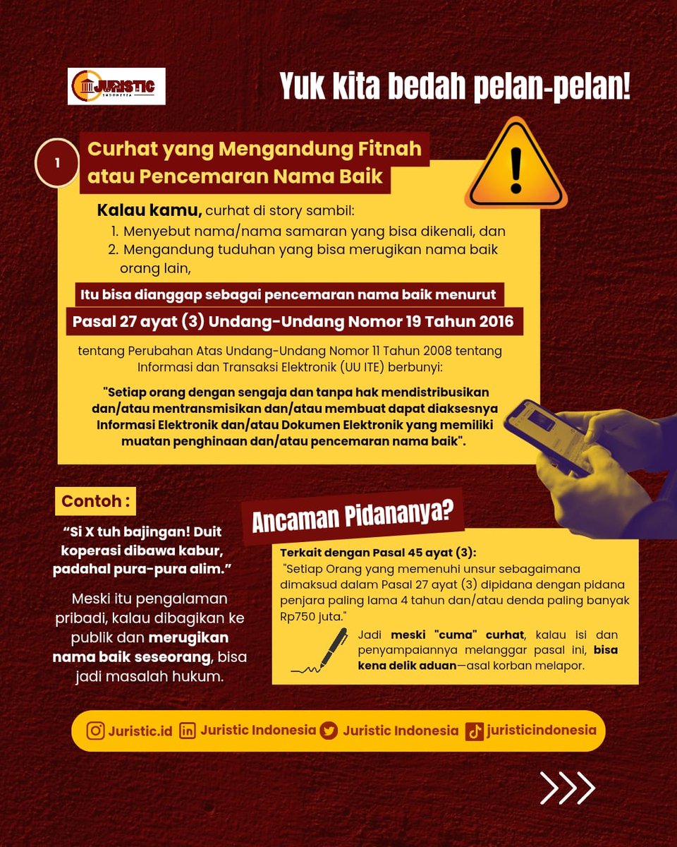 Juristicid's tweet photo. [𝐂𝐔𝐑𝐇𝐀𝐓 𝐁𝐈𝐒𝐀 𝐌𝐄𝐋𝐀𝐍𝐆𝐆𝐀𝐑 𝐔𝐔 𝐈𝐓𝐄?]

Halo, Sobat Juristic!🙌
Bener nggak sih curhat masalah pribadi di medsos bisa kena pidana?🤯 Yuk simak penjelasannya!🧐

#JuristicIndonesia #Juristicid #sosmed #curhat #story #UUITE #bijak https://t.co/Q8tzByTm8w