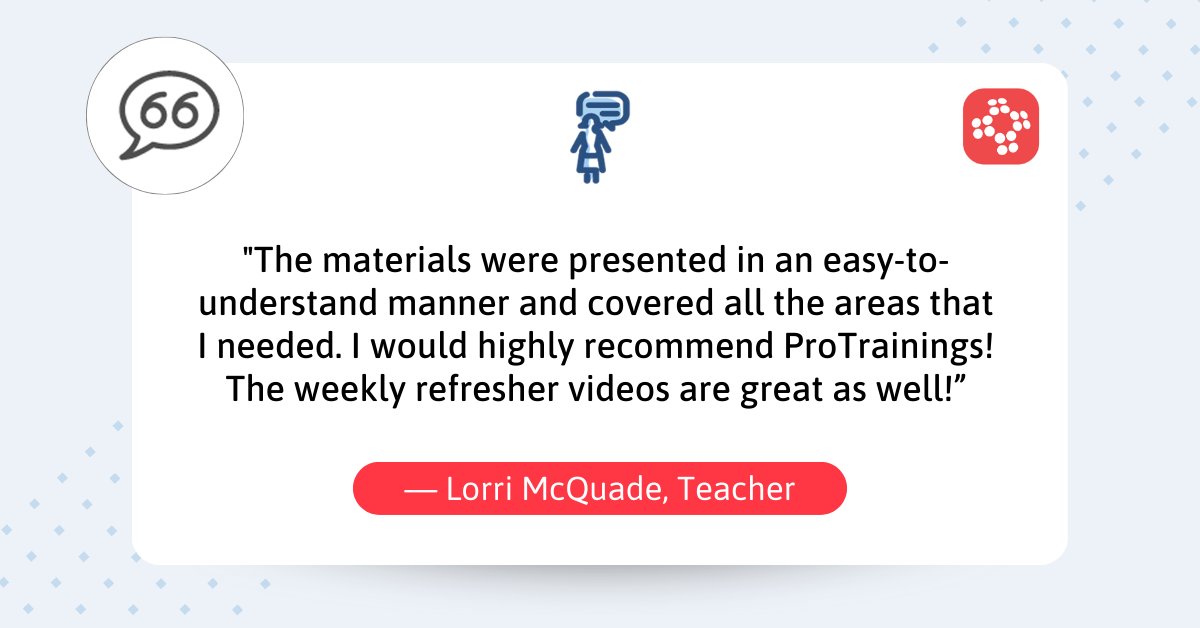 With ProTrainings, completing your certification is just the first step in a journey that may lead to you saving someone's life. That's why we continue to supplement your training with weekly refreshers, even after you complete your training.

Find out more &gt;&gt;&gt;