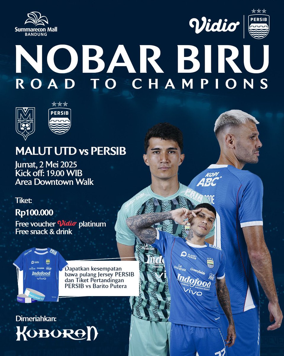Dimeriahkan oleh <a href="/bandKUBURAN/">KUBURAN Band Official</a> jadikan pengalaman mendukung #PERSIB lebih seru di #NobarBiru road to champions bersama <a href="/vidio/">Vidio</a> di Summarecon Mall Bandung

Dapatkan jersey original #PERSIB hingga tiket pertandingan untuk Bobotoh yang beruntung.

📍 Summarecon Mall Bandung
🗓️ Jumat,