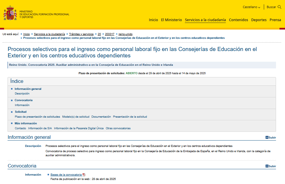 CONVOCATORIA PARA INGRESO COMO PERSONAL LABORAL FIJO EN LA CONSEJERÍA DE EDUCACIÓN EN EL REINO UNIDO E IRLANDA CON LA CATEGORÍA DE AUXILIAR ADMINISTRATIVO/A.
INFO 👉 t.ly/MpZoY