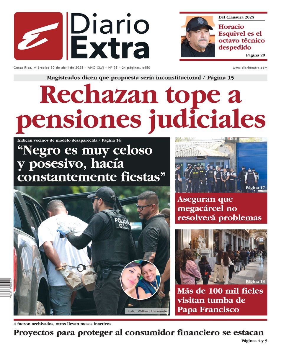 DiarioExtraCR's tweet photo. ¡Buenos días! Esta es nuestra portada de hoy miércoles 30 de abril de 2025.
Busque #DiarioExtra en los principales puntos de venta del país. https://t.co/ABvAPJrGze