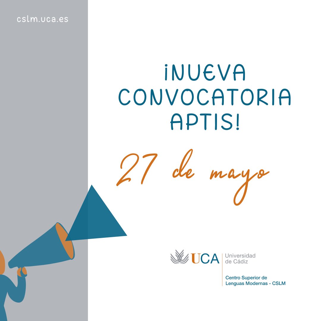 CSLM (@cslm_uca) on Twitter photo 🆕Nueva convocatoria APTIS ESOL.
Inscríbete ya en nuestra próxima convocatoria del 27 de mayo y acredita tu nivel de inglés 🏴 con nosotros.
✅ Precio para estudiantes UCA de último curso de Grado, Máster, Doctorado - 46€
ℹ️ cslm.uca.es/subhome-servic…
<a href="/univcadiz/">Universidad de Cádiz</a>
<a href="/ucaoficina/">Oficina del Estudiante UCA</a> 🆕Nueva convocatoria APTIS ESOL.
Inscríbete ya en nuestra próxima convocatoria del 27 de mayo y acredita tu nivel de inglés 🏴 con nosotros.
✅ Precio para estudiantes UCA de último curso de Grado, Máster, Doctorado - 46€
ℹ️ cslm.uca.es/subhome-servic…
<a href="/univcadiz/">Universidad de Cádiz</a>
<a href="/ucaoficina/">Oficina del Estudiante UCA</a>