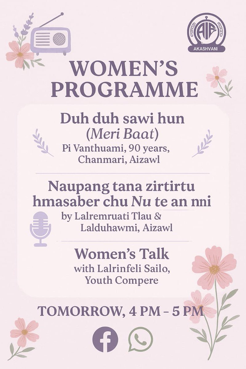 airaizawl's tweet photo. Tune in to our Women’s Programme on Akashvani Aizawl & FM 100.7
Date: 1st May 2025| Time: 4:00 PM – 5:00 PM
Stay tuned, stay inspired!
#WomensProgramme #AkashvaniAizawl #RadioForWomen #MeriBaat #WomensTalk #AizawlVoices https://t.co/rKUdmTOFeH