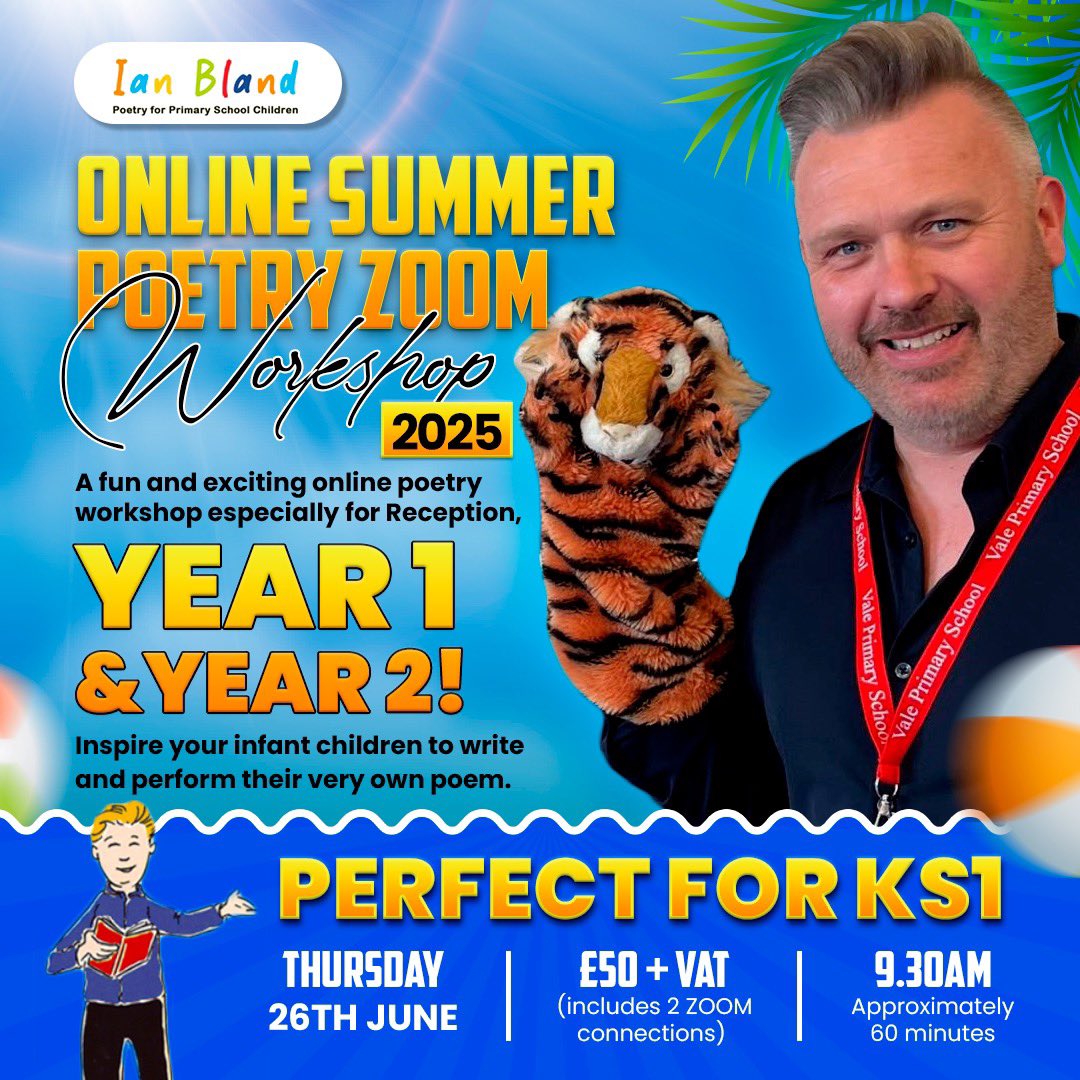Reception, Year 1 and Year 2 come and join us on ZOOM on 26th June for an exciting Tyger Tyger poetry workshop inspired by the great William Blake. 
With the help of super friendly Bernard the puppet tiger we are all going to be writing and performing our own poems- LIVE ONLINE!