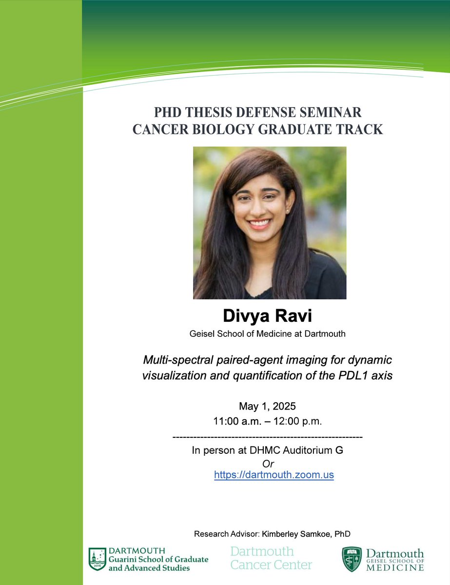 Dartmouth MCB Graduate Program (@mcbdartmouth) on Twitter photo π¨ Thesis Seminar Alert: Divya Ravi will be presenting her work from the Samkoe Lab <a href="/DartmouthCancer/">Dartmouth Cancer Center</a> tomorrow at 11am in Auditorium G! π¬π§βπ¬ π¨ Thesis Seminar Alert: Divya Ravi will be presenting her work from the Samkoe Lab <a href="/DartmouthCancer/">Dartmouth Cancer Center</a> tomorrow at 11am in Auditorium G! π¬π§βπ¬