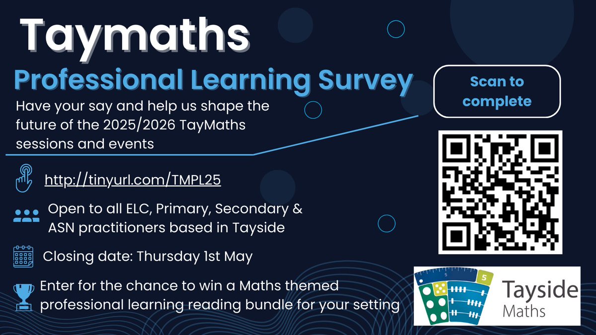 📣Work in Dundee, Angus or Perth &amp; Kinross?📣

Taymaths need your help! Share your thoughts and be in with a chance of winning a maths book bundle.📚

ELC, Primary &amp; Secondary Practitioners: forms.office.com/e/CbX4N7vSru

Senior Leaders: forms.office.com/e/7MrvvDK4DC

Closes 01.05.25 - 23:59