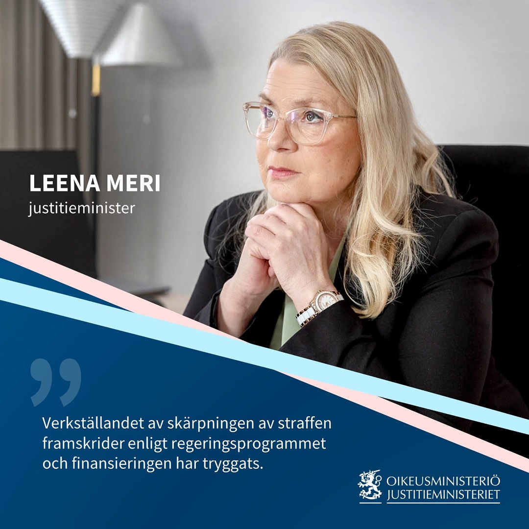 Oikeusministeriö (@oikeusmin) on Twitter photo Statsrådet beslutade i dag om planen för de offentliga finanserna 2026–2029 och justitieministeriets förvaltningsområde anvisades tilläggsfinansiering bl.a.
⚫️för följderna av strängare straff och
⚫️för 400 nya fängelseplatser.
🔗oikeusministerio.fi/sv/-/minister-…
<a href="/leena_meri/">Leena Meri</a> Statsrådet beslutade i dag om planen för de offentliga finanserna 2026–2029 och justitieministeriets förvaltningsområde anvisades tilläggsfinansiering bl.a.
⚫️för följderna av strängare straff och
⚫️för 400 nya fängelseplatser.
🔗oikeusministerio.fi/sv/-/minister-…
<a href="/leena_meri/">Leena Meri</a>