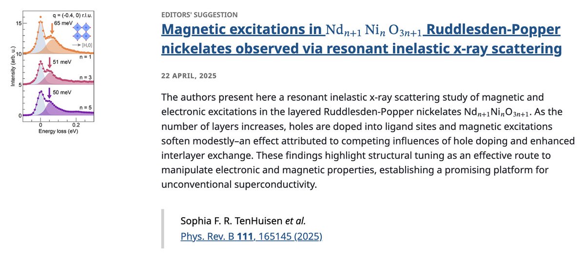 PhysRevB's tweet image. PRB Editors' Suggestion: #MagneticExcitations in Nd𝑛+1⁢Ni𝑛⁢O3⁢𝑛+1 #RuddlesdenPopper #nickelates observed via #ResonantInelasticXRayScattering

S. F. R. TenHuisen et al.
Phys. Rev. B 111, 165145

➡️ go.aps.org/4irRrZV
#EdSugg @APSPhysics #condmat #physics