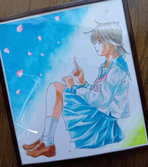 運、タイミング、ご縁、などなどが上手く廻って最近描いた色紙は無事に旅立つことができたのでこの辺りで自分用に1枚描くことにしたとですよ……余っていた額に入れてみたりしてね(*'ω`*)#GWアナログ絵祭り のようなハッシュタグでXに貼ることができるので……。 