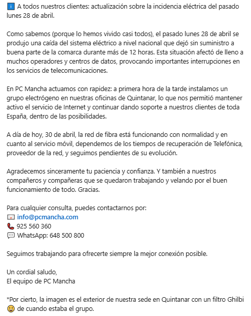 pcmancha_com's tweet image. ℹ️ Nota informativa: actualización sobre la incidencia eléctrica nacional del 28 de abril y las medidas tomadas por #PCMancha para garantizar el servicio.

#Apagón
