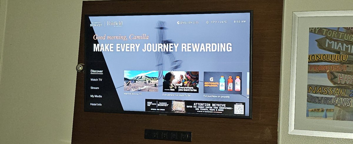 ch_da_fo's tweet photo. @MarriottIntl @Marriott @MarriottBonvoy Titanium Elite/Lifetime Gold Elite... Good Morning @FairfieldHotels checked someone into my room, while I'm in it...tv is still greeting someone else...scary.😳  Who has access to my room??😡 https://t.co/xiLdDAfpjG