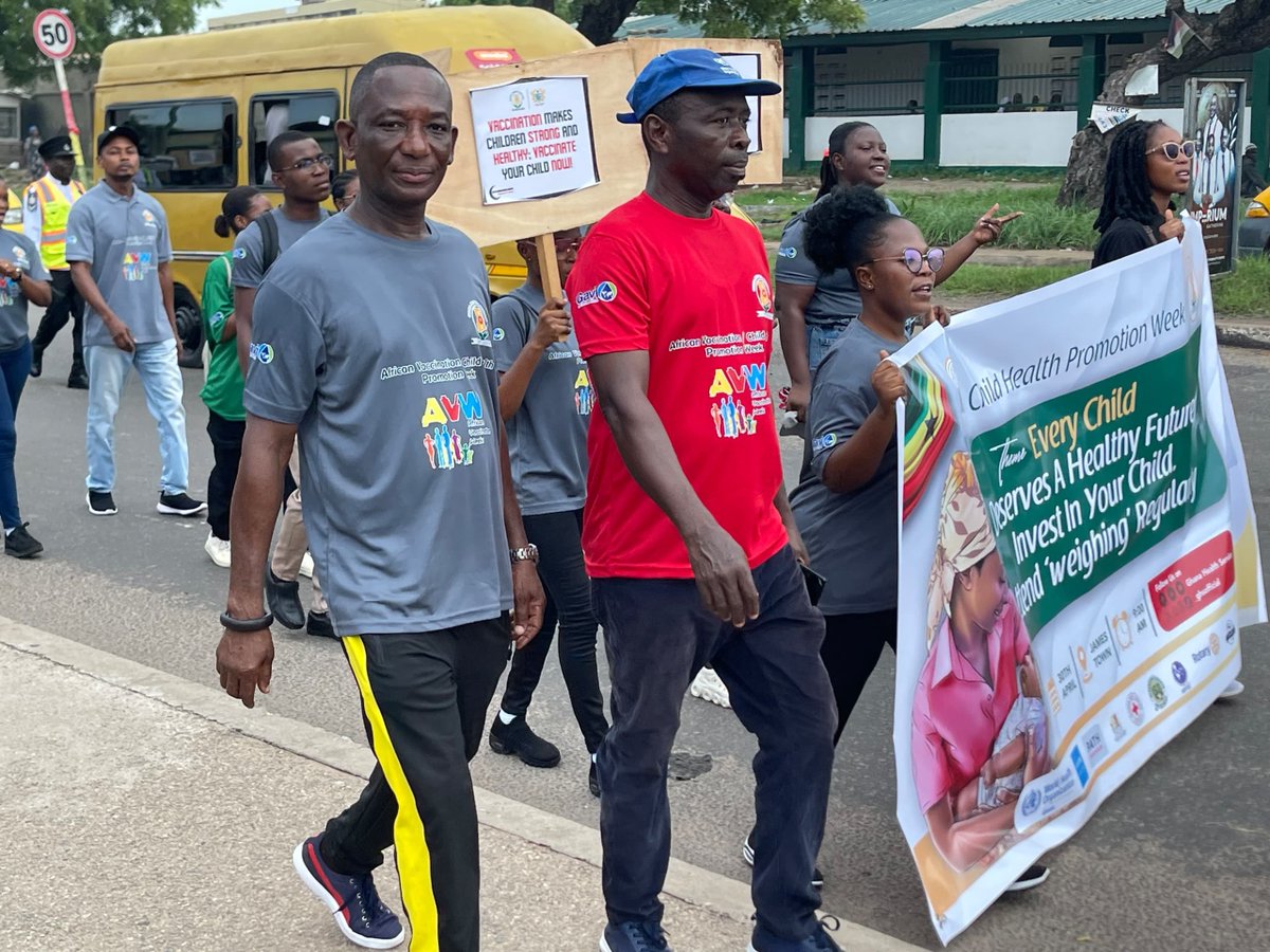 WHOGhana's tweet photo. To mark #AfricaVaccinationWeek and #ChildHealthPromotionWeek, we joined @_GHSofficial and partners in a march through the streets of Accra to raise awareness that⬇️
✅ Vaccines save lives
✅ Every child deserves protection
✅ Services are FREE at health facilities https://t.co/ajk7Jpu45y