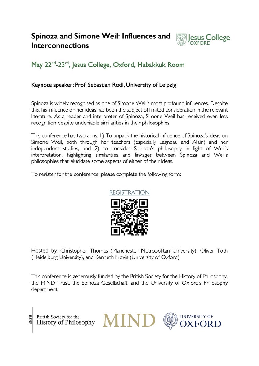 The UK Simone Weil Research Network and Friends are pleased to share  the programme for the conference 'Spinoza and Simone Weil: Influences and Interconnections.' To register, please use the following link:
docs.google.com/forms/d/e/1FAI…