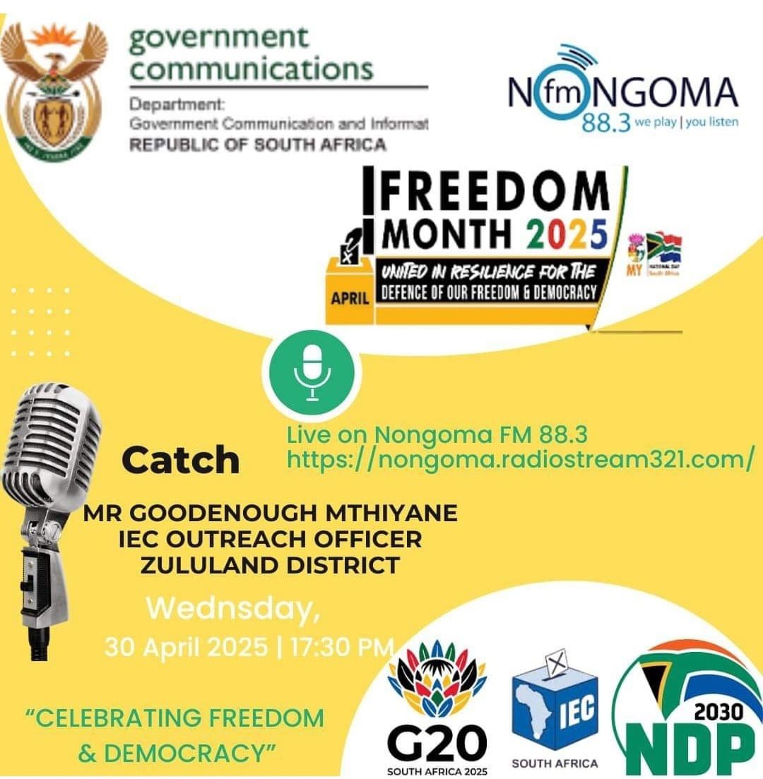 IEC South Africa (@iecsouthafrica) on Twitter photo Celebrating Freedom and Democracy 🇿🇦.
Join us today, 30 April at 17h30, for a special live broadcast on <a href="/Nongoma_FM/">Nongoma FM 88.3</a> as Mr. Goodenough Mthiyane, IEC Outreach Officer for the Zululand District, shares valuable insights on the meaning of freedom and democracy in our society. Celebrating Freedom and Democracy 🇿🇦.
Join us today, 30 April at 17h30, for a special live broadcast on <a href="/Nongoma_FM/">Nongoma FM 88.3</a> as Mr. Goodenough Mthiyane, IEC Outreach Officer for the Zululand District, shares valuable insights on the meaning of freedom and democracy in our society.