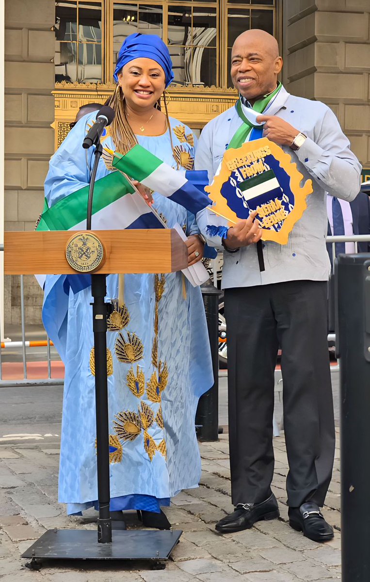barbsbar's tweet photo. It was with great pride &amp; heartfelt joy that I hoisted both the Sierra Leone and USA flags alongside Mayor Eric Adams of New York City in honor of our 64th Independence Day. Our flags symbolize our rich history &amp; enduring spirit. Together, we celebrate freedom, unity &amp; prosperity https://t.co/HotL3SfDz7