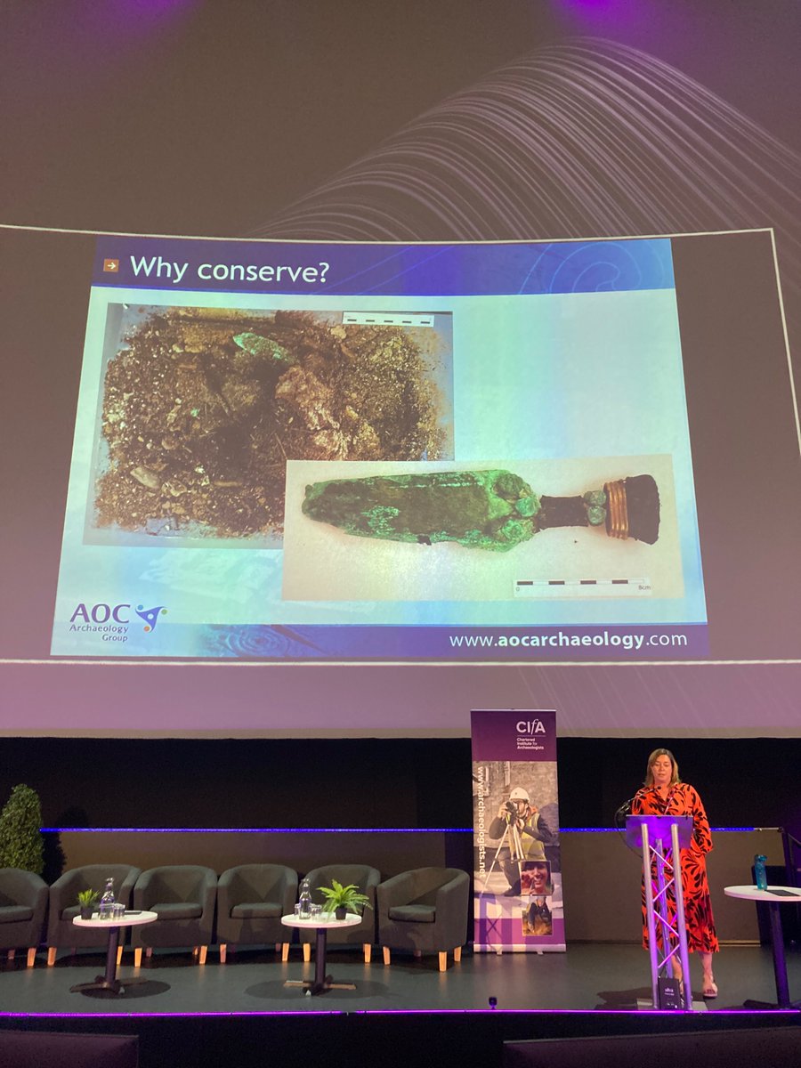 aocarchaeology's tweet photo. AOC’s Esther and Kirsty are at the CIfA 2025 conference in Birmingham today, with Head of Conservation Gretel Evans presenting how key it is to take steps to conserve artefacts ´From Grave to Archive’! #heritagematters #cifa #archaeology #artefact #artifact https://t.co/WGz3XwMULA
