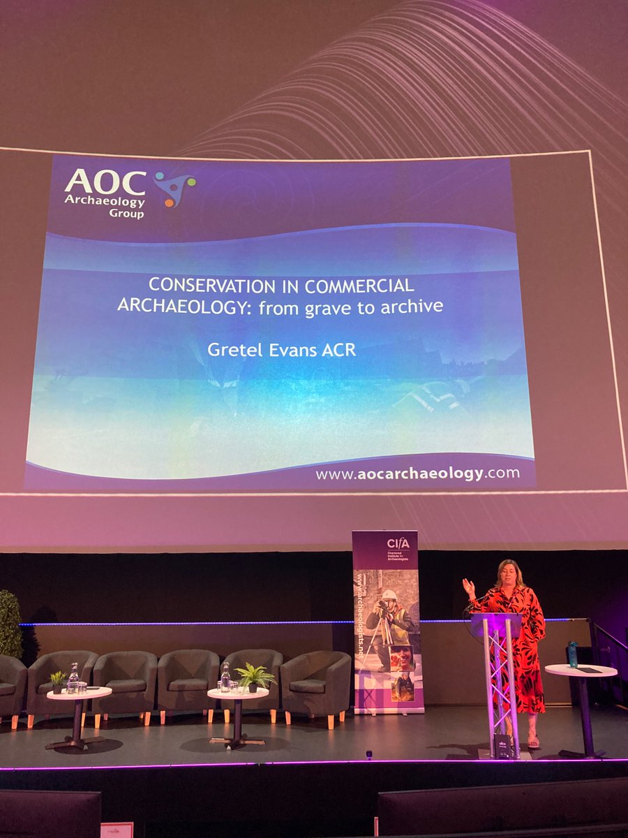 aocarchaeology's tweet photo. AOC’s Esther and Kirsty are at the CIfA 2025 conference in Birmingham today, with Head of Conservation Gretel Evans presenting how key it is to take steps to conserve artefacts ´From Grave to Archive’! #heritagematters #cifa #archaeology #artefact #artifact https://t.co/WGz3XwMULA